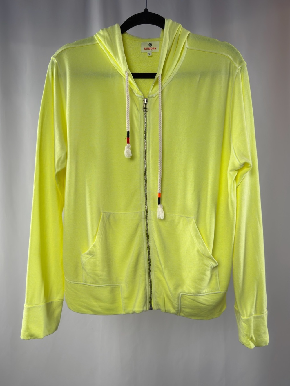 Sundry Lightweight Full Zip Hoodie in Neon Yellow Size 0 or XS